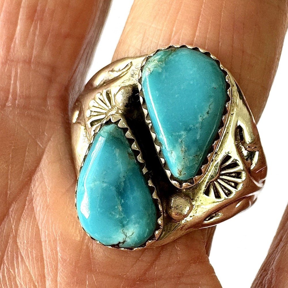 Mens Turquoise Navajo Band Sz 12.5 Two Stone Ring 21mm Signed ML Handmade Native